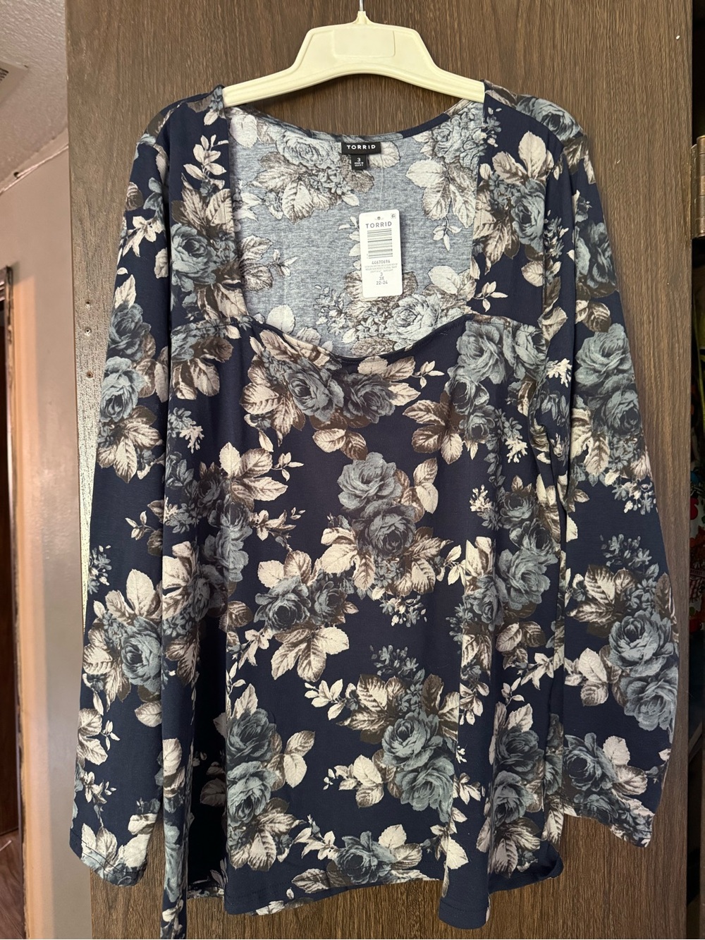 torrid navy and cream floral long sleeve scoop neck top